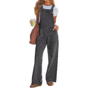 imageCHOUYATOU Womens Distressed Adjustable Strap Denim Bib Overall Western Patchwork Wide Leg Jeans JumpsuitsGrey