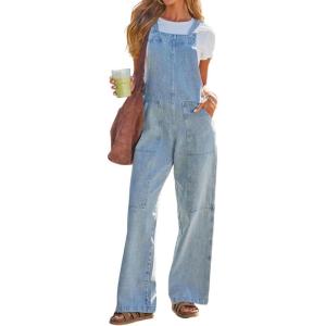 imageCHOUYATOU Womens Distressed Adjustable Strap Denim Bib Overall Western Patchwork Wide Leg Jeans JumpsuitsLight Blue