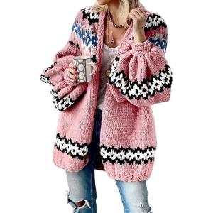 imageCHOUYATOU Womens Fall Casual Patterned Cardigan Sweater Oversized Open Front VNeck Chunky Knit Cardigan CoatPink