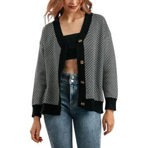 imagechouyatou Womens 2025 Button Down V Neck Cardigans Herringbone Striped Sweater Cardigan Jacket Outerwear CoatBlack