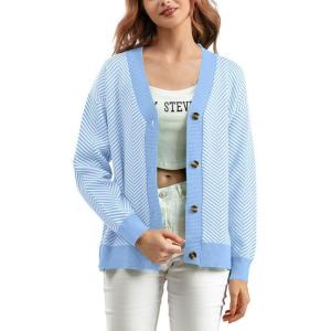 imagechouyatou Womens 2025 Button Down V Neck Cardigans Herringbone Striped Sweater Cardigan Jacket Outerwear CoatLight Blue