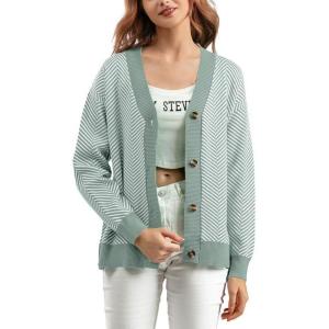 imagechouyatou Womens 2025 Button Down V Neck Cardigans Herringbone Striped Sweater Cardigan Jacket Outerwear CoatLight Green