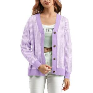 imagechouyatou Womens 2025 Button Down V Neck Cardigans Herringbone Striped Sweater Cardigan Jacket Outerwear CoatPurple