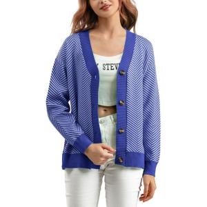imagechouyatou Womens 2025 Button Down V Neck Cardigans Herringbone Striped Sweater Cardigan Jacket Outerwear CoatRoyal Blue