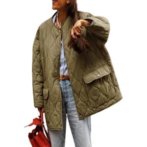 imagechouyatou Womens 2025 Winter Lightweight Quilted Puffer Jacket Collarless Casual Long Button Down Puffer CoatArmy Green