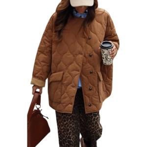 imagechouyatou Womens 2025 Winter Lightweight Quilted Puffer Jacket Collarless Casual Long Button Down Puffer CoatBrown