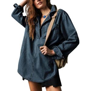 imagechouyatou Womens Distressed V Neck Denim Jackets Boyfriend Loose Fit Bussiness Casual Jean Pullover TopsBlue