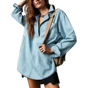 imagechouyatou Womens Distressed V Neck Denim Jackets Boyfriend Loose Fit Bussiness Casual Jean Pullover TopsLight Blue