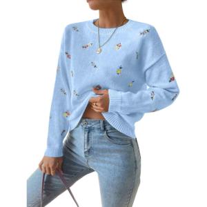 imagechouyatou Womens Ditsy Floral Embroidered Pullover Sweater Color Block Loose Fit Knit Jumper TopsSky Blue
