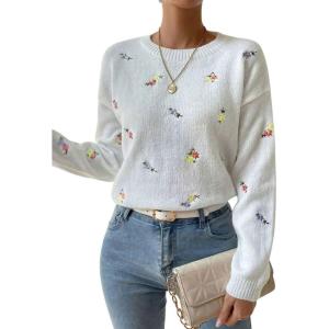 imagechouyatou Womens Ditsy Floral Embroidered Pullover Sweater Color Block Loose Fit Knit Jumper TopsWhite
