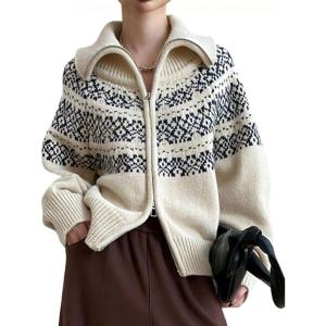 imagechouyatou Womens Fair Isle Sweater Coat Tribal Aztec Floral Zip Up Vintage Lapel Collar Knit CardiganBeige