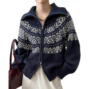 imagechouyatou Womens Fair Isle Sweater Coat Tribal Aztec Floral Zip Up Vintage Lapel Collar Knit CardiganNavy Blue