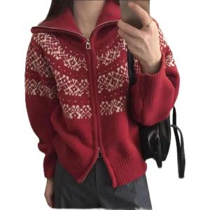 imagechouyatou Womens Fair Isle Sweater Coat Tribal Aztec Floral Zip Up Vintage Lapel Collar Knit CardiganRed