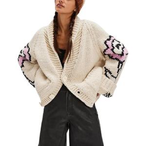 imagechouyatou Womens Fall Casual 2025 Floral Sweater Cardigans Oversized Button Down Chunky Knit Sweater CoatiganBeige