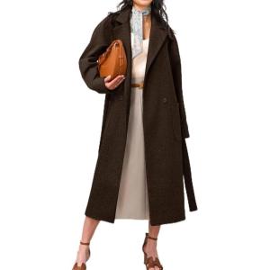 imagechouyatou Womens Fall Winter Wool Coat Notch Collar Business Casual Midi Long Button Down Trench CoatCoffee
