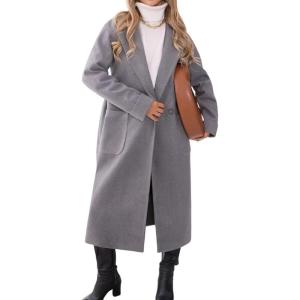 imagechouyatou Womens Fall Winter Wool Coat Notch Collar Business Casual Midi Long Button Down Trench CoatGrey