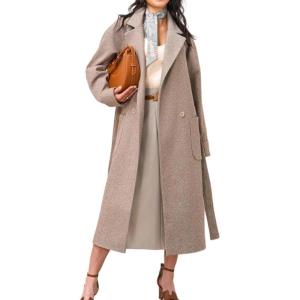 imagechouyatou Womens Fall Winter Wool Coat Notch Collar Business Casual Midi Long Button Down Trench CoatKhaki