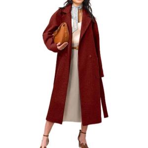 imagechouyatou Womens Fall Winter Wool Coat Notch Collar Business Casual Midi Long Button Down Trench CoatRed