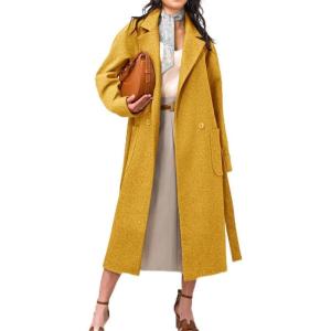 imagechouyatou Womens Fall Winter Wool Coat Notch Collar Business Casual Midi Long Button Down Trench CoatYellow