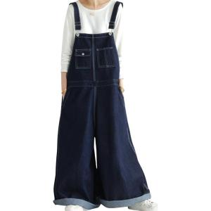 imagechouyatou Womens Loose Palazzo Denim Overall Pants Wide Leg Adjustable Strap Baggy Bib JumpersDark Blue