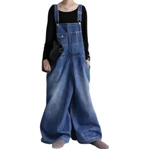 imagechouyatou Womens Loose Palazzo Denim Overall Pants Wide Leg Adjustable Strap Baggy Bib JumpersRetro Blue