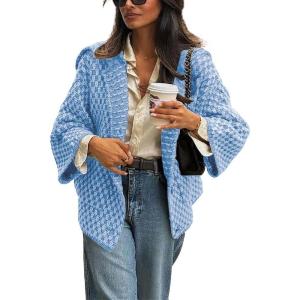 imagechouyatou Womens Vintage Lapel Plaid Cardigans Button Down Chunky Knit Cardigan Sweater Jacket Coat with PocketsSky Blue