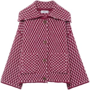 imagechouyatou Womens Vintage Lapel Plaid Cardigans Button Down Chunky Knit Cardigan Sweater Jacket Coat with PocketsWine Red