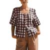 image:imagechouyatou Womens Gingham Button Down Shirt Cotton Shirt Plaid Blouses Short Sleeve Summer Tunic TopsCoffee