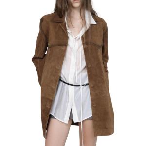 image:imagechouyatou Womens 2025 Retro Faux Suede Leather Shacket Jacket Lapel Collar Mid Long Jacket CoatBrown
