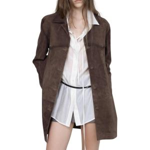 image:imagechouyatou Womens 2025 Retro Faux Suede Leather Shacket Jacket Lapel Collar Mid Long Jacket CoatCoffee
