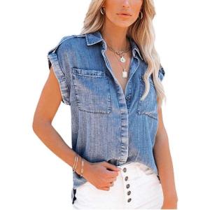 image:imagechouyatou Womens Casual Distressed Button Down Sleeveless Denim Jean Shirt TopsBlue