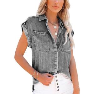 image:imagechouyatou Womens Casual Distressed Button Down Sleeveless Denim Jean Shirt TopsGrey