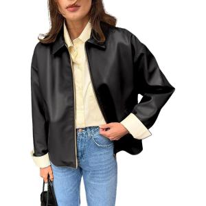 image:imagechouyatou Womens Casual Zip Up Faux Leather Motorcycle Jacket Lapel Pu Leather Jacket Outerwear Coat with PocketsBlack