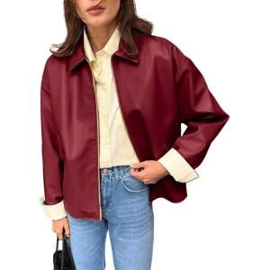 image:imagechouyatou Womens Casual Zip Up Faux Leather Motorcycle Jacket Lapel Pu Leather Jacket Outerwear Coat with PocketsDark Red