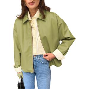 image:imagechouyatou Womens Casual Zip Up Faux Leather Motorcycle Jacket Lapel Pu Leather Jacket Outerwear Coat with PocketsGreen