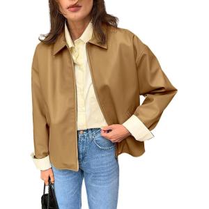 image:imagechouyatou Womens Casual Zip Up Faux Leather Motorcycle Jacket Lapel Pu Leather Jacket Outerwear Coat with PocketsKhaki