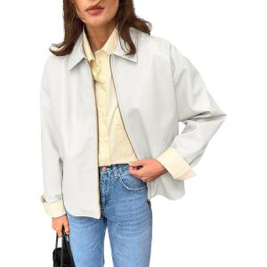 image:imagechouyatou Womens Casual Zip Up Faux Leather Motorcycle Jacket Lapel Pu Leather Jacket Outerwear Coat with PocketsWhite