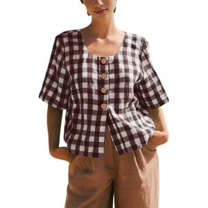 image:imagechouyatou Womens Gingham Button Down Shirt Cotton Shirt Plaid Blouses Short Sleeve Summer Tunic TopsCoffee