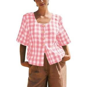 image:imagechouyatou Womens Gingham Button Down Shirt Cotton Shirt Plaid Blouses Short Sleeve Summer Tunic TopsPink