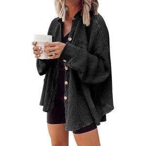 image:imagechouyatou Womens Loose Fit Batwing Sleeve Waffle Knit Button Down Shirt Shacket TopsBlack