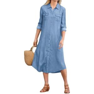 image:imagechouyatou Womens Summer Casual Denim Shirt Dress Loose Fit Button Down Midi Long Tunic Jean DressBlue