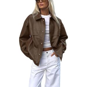 image:imagechouyatou Womens Vintage Button Down Faux Leather Jacket Casual Lapel Pu Leather Y2k Motorcycle Outerwear CoatDark Brown