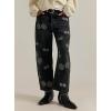 image:imageCHOUYATOU Womens Y2K Floral Embroidery Denim Ankle Pants Boyfriend Wide Leg Mid Rise Boho Palazzo JeansBlack