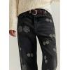 image:imageCHOUYATOU Womens Y2K Floral Embroidery Denim Ankle Pants Boyfriend Wide Leg Mid Rise Boho Palazzo JeansBlack
