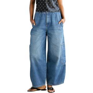 image:imageCHOUYATOU Women Casual Boyfriend Baggy Wide Leg Jeans Elastic Waist Y2K Barrel Jeans Denim Palazzo PantsBlue