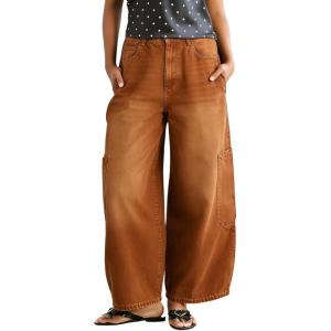 image:imageCHOUYATOU Women Casual Boyfriend Baggy Wide Leg Jeans Elastic Waist Y2K Barrel Jeans Denim Palazzo PantsBrown