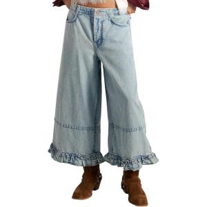 image:imageCHOUYATOU Womens 2026 Boyfriend Y2K Wide Leg Jeans Mid Waist Ruffled Ankle Denim Pant with PocketsLight Blue