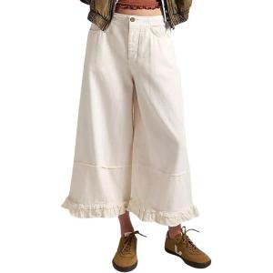 image:imageCHOUYATOU Womens 2026 Boyfriend Y2K Wide Leg Jeans Mid Waist Ruffled Ankle Denim Pant with PocketsWhite