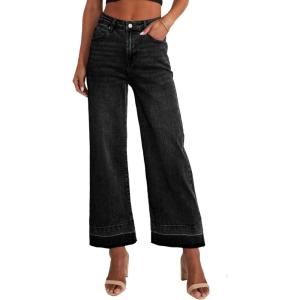 image:imageCHOUYATOU Womens 2026 Distressed Wide Leg Jeans High Waisted Fringe Capri Jeans Boyfriend Baggy Barrel Denim PantsBlack