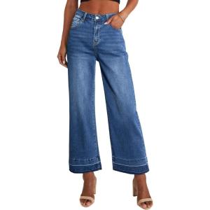 image:imageCHOUYATOU Womens 2026 Distressed Wide Leg Jeans High Waisted Fringe Capri Jeans Boyfriend Baggy Barrel Denim PantsBlue